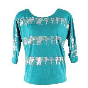 Absolutely Famous L Aqua Silver Foil Dolman Sleeve Polyester Rayon Top
